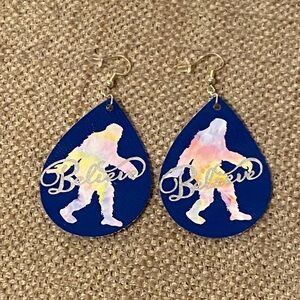 Blue Teardrop Earrings with Watercolor Bigfoot with Silver Glitter Believe
